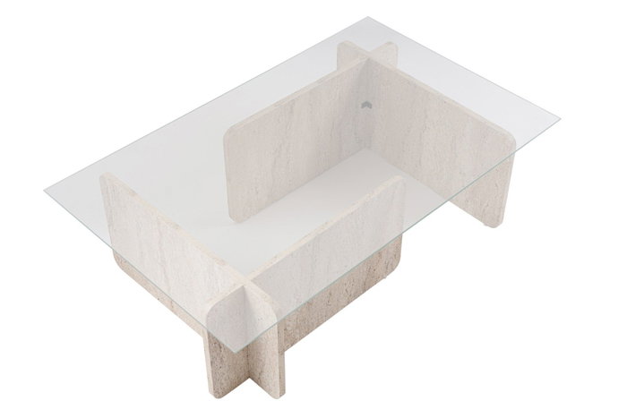 Nordure Mesa de Centro Flavio Mármol Travertino Tapa Cristal Templado Marco Melamina 105x30x65 cm